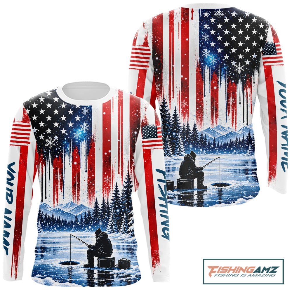 American Flag Ice Fishing Jersey Long Sleeve Shirt, Patriotic USA Winter Fishing Shirt NHT1755