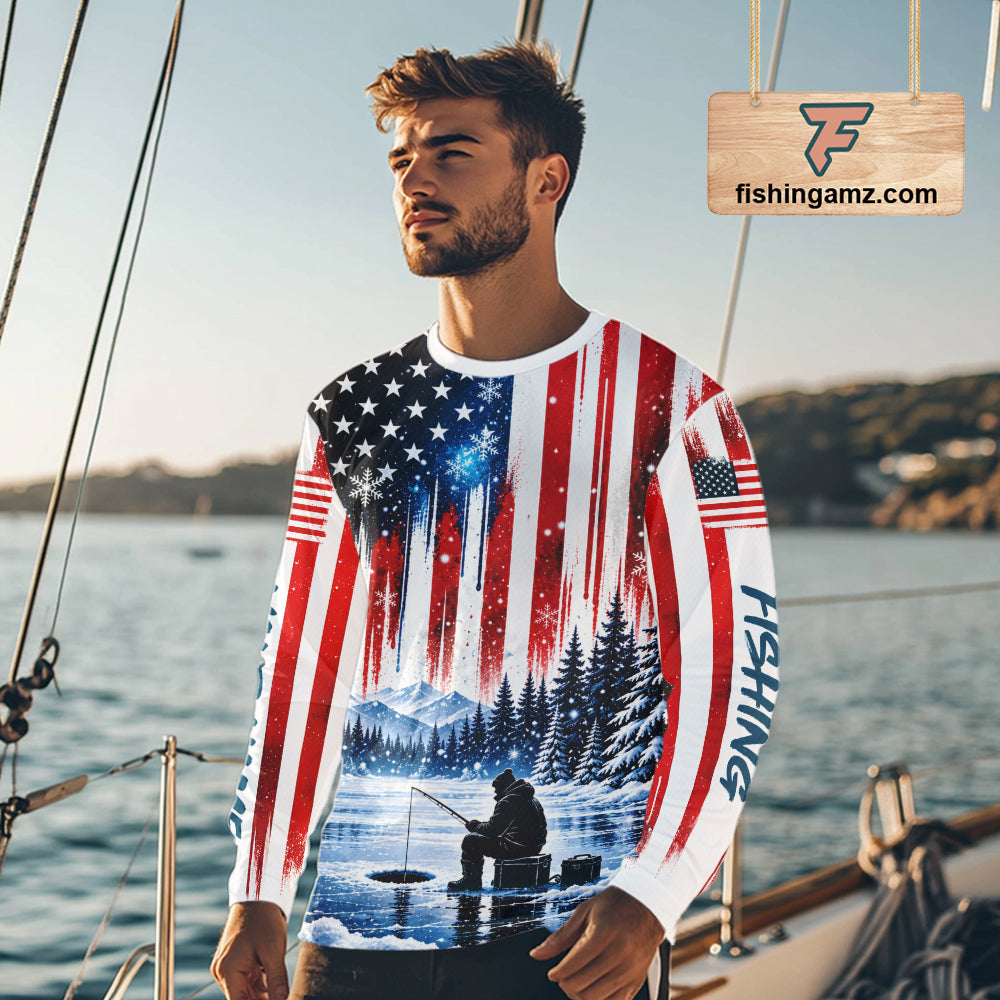 American Flag Ice Fishing Jersey Long Sleeve Shirt, Patriotic USA Winter Fishing Shirt NHT1755