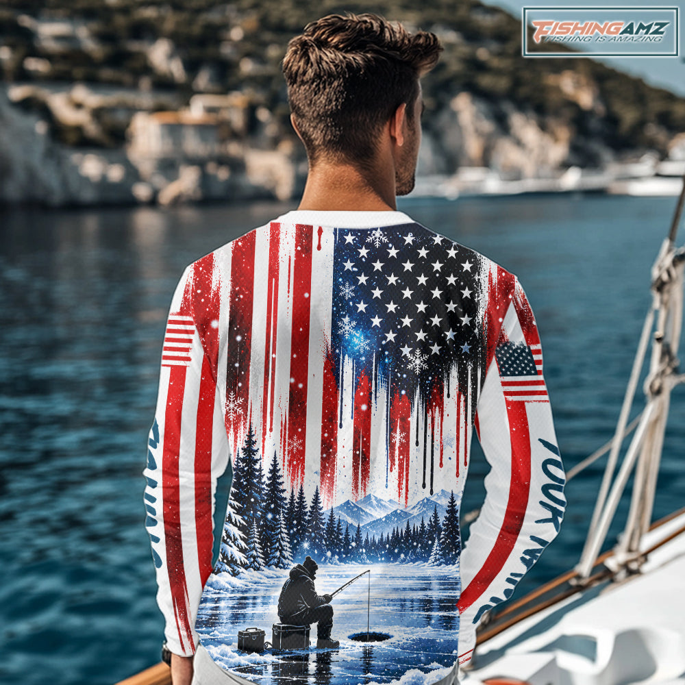 American Flag Ice Fishing Jersey Long Sleeve Shirt, Patriotic USA Winter Fishing Shirt NHT1755