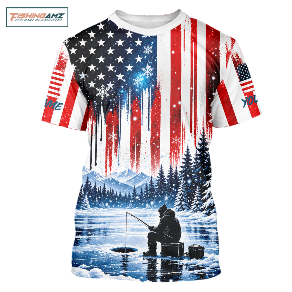 American Flag Ice Fishing Jersey Short Sleeve Shirt, Patriotic USA Winter Fishing Shirt NHT1755