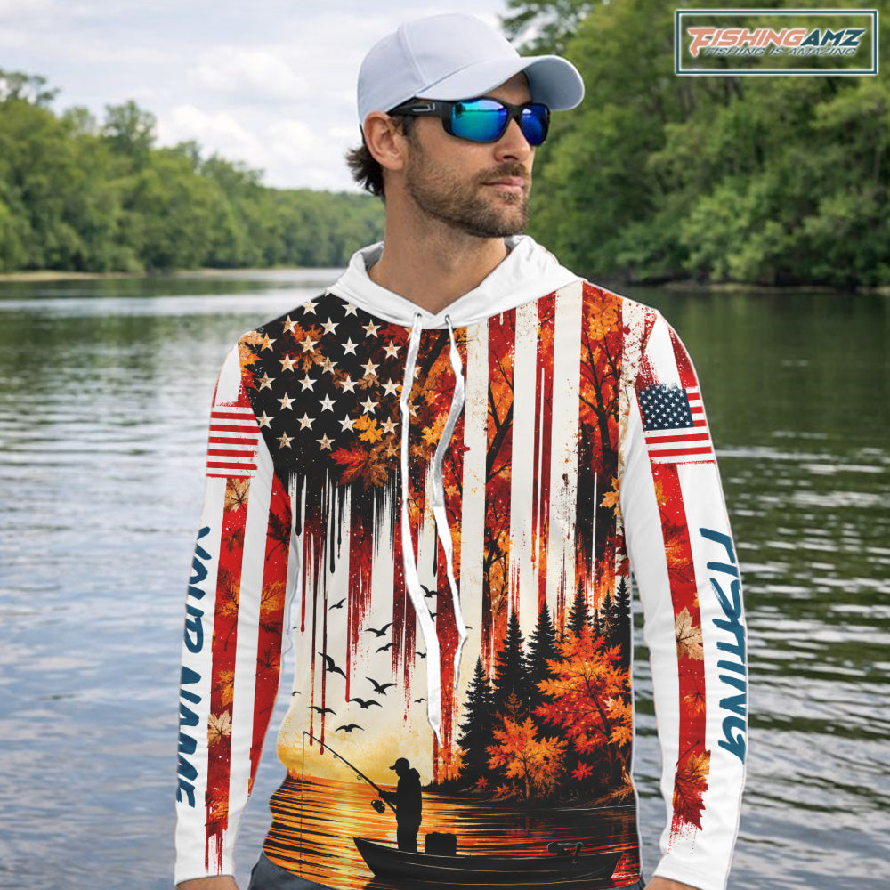 American Flag Autumn Fishing Jersey Long Sleeve Shirt, Patriotic USA Autumn Hooded Fishing Shirt NHT1756