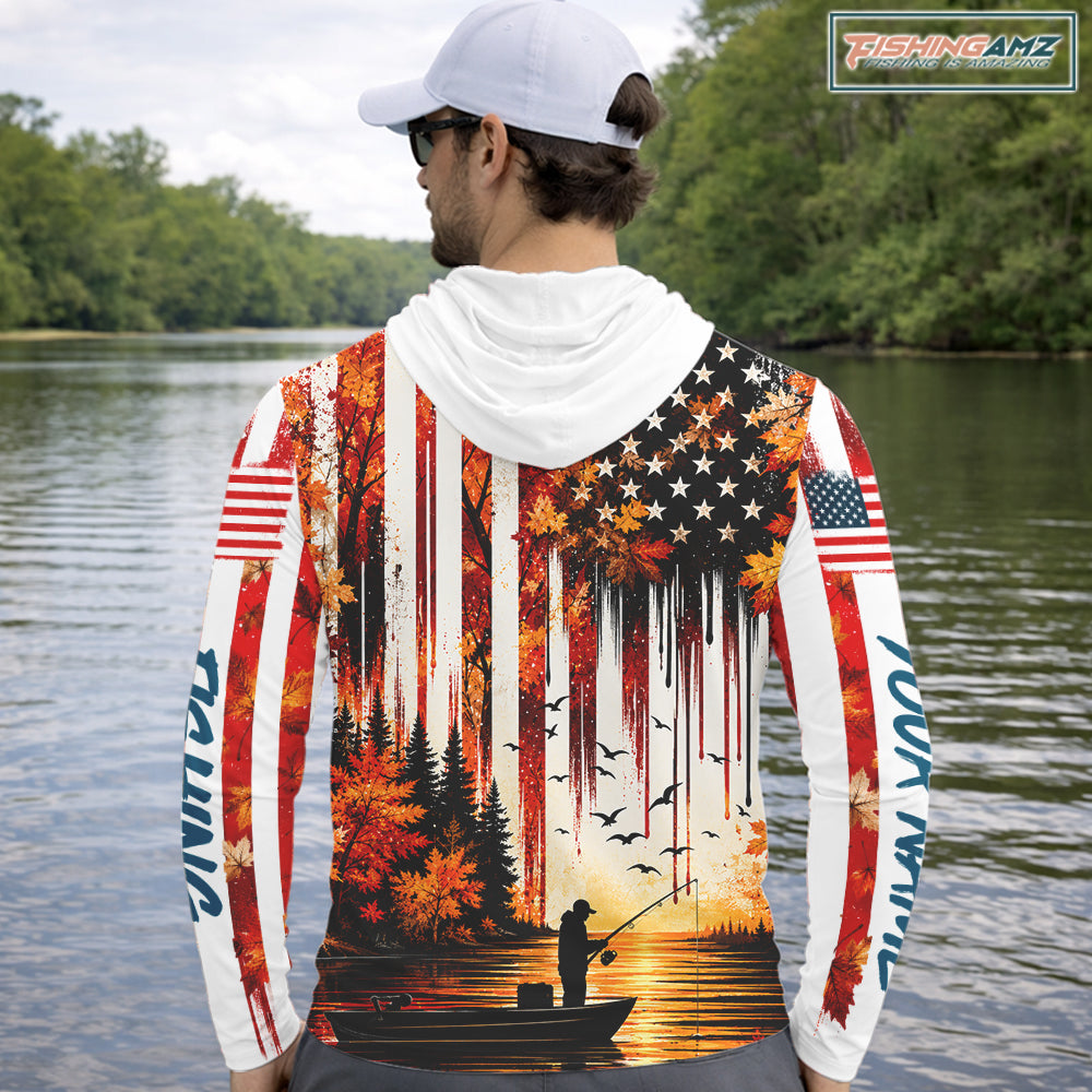 American Flag Autumn Fishing Jersey Long Sleeve Shirt, Patriotic USA Autumn Hooded Fishing Shirt NHT1756