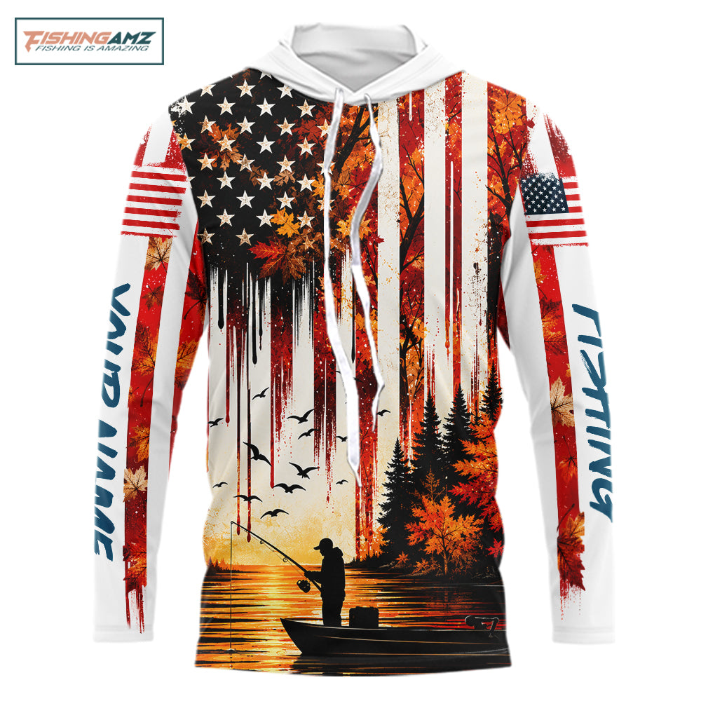 American Flag Autumn Fishing Jersey Long Sleeve Shirt, Patriotic USA Autumn Hooded Fishing Shirt NHT1756