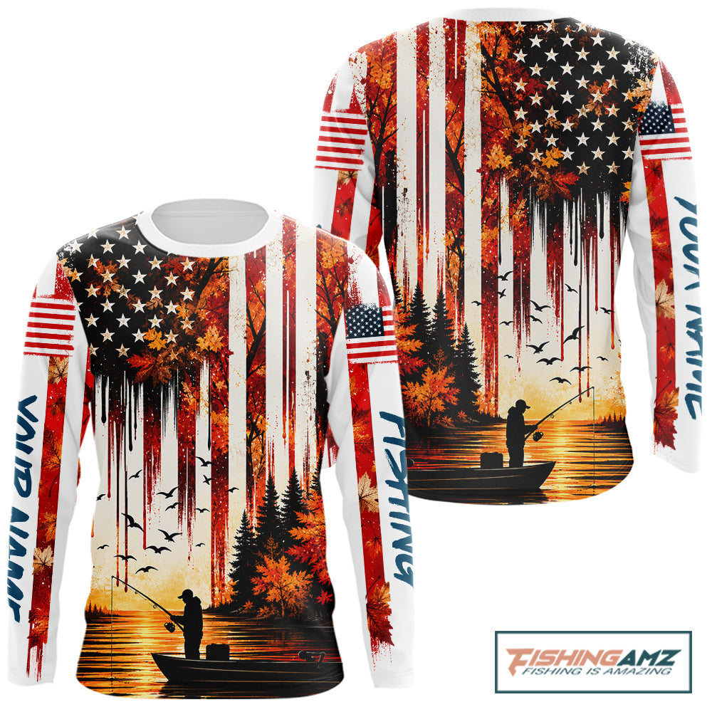 American Flag Autumn Fishing Jersey Long Sleeve Shirt, Patriotic USA Autumn Fishing Shirt NHT1756