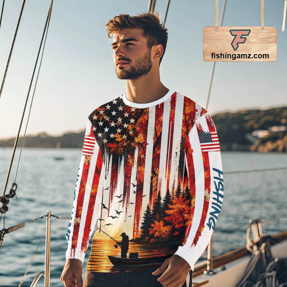 American Flag Autumn Fishing Jersey Long Sleeve Shirt, Patriotic USA Autumn Fishing Shirt NHT1756