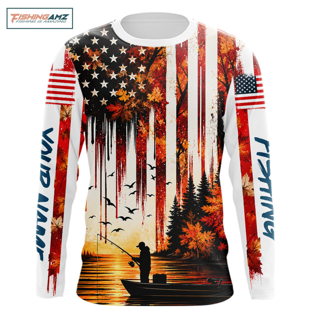 American Flag Autumn Fishing Jersey Long Sleeve Shirt, Patriotic USA Autumn Fishing Shirt NHT1756