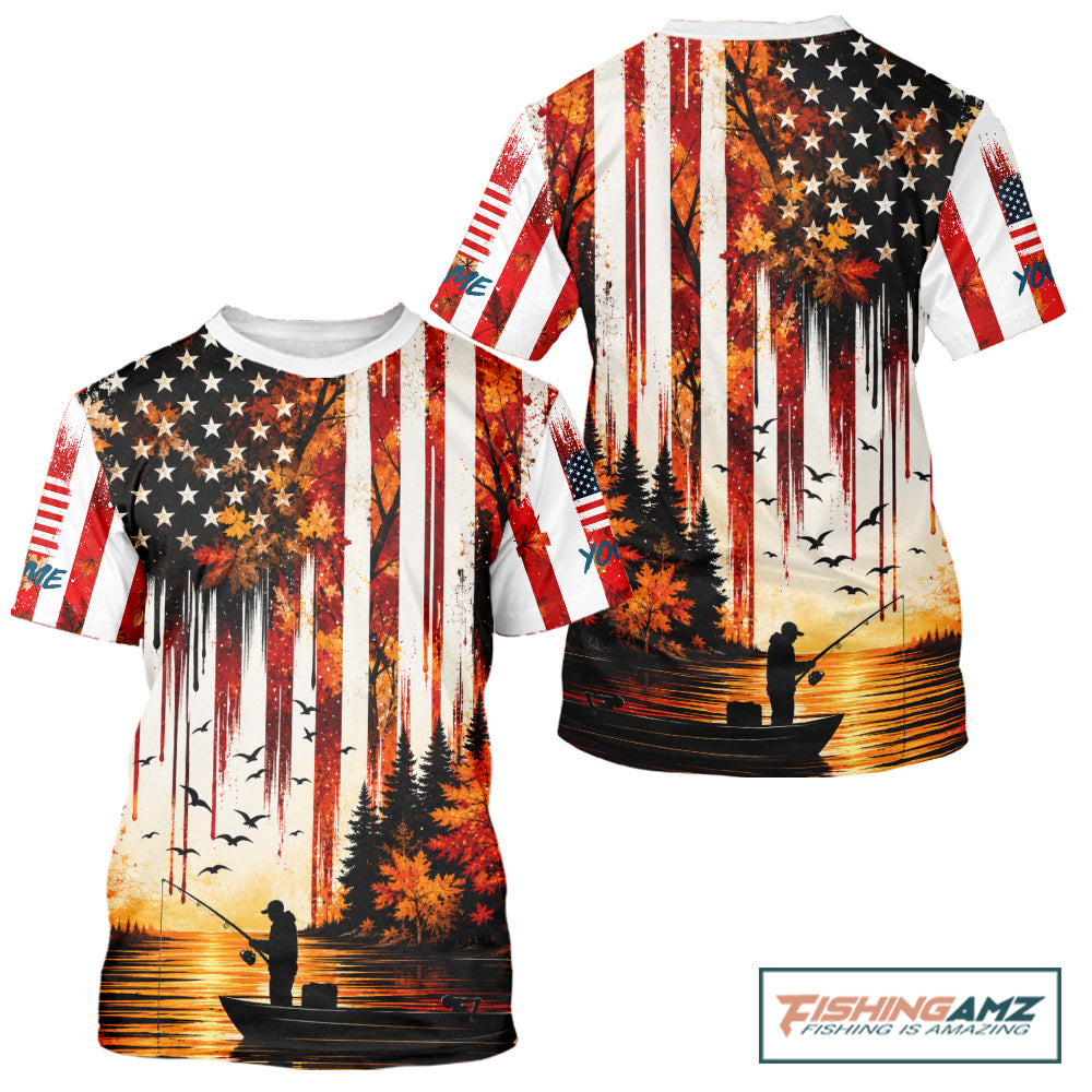 American Flag Autumn Fishing Jersey Short Sleeve Shirt, Patriotic USA Autumn Fishing Shirt NHT1756