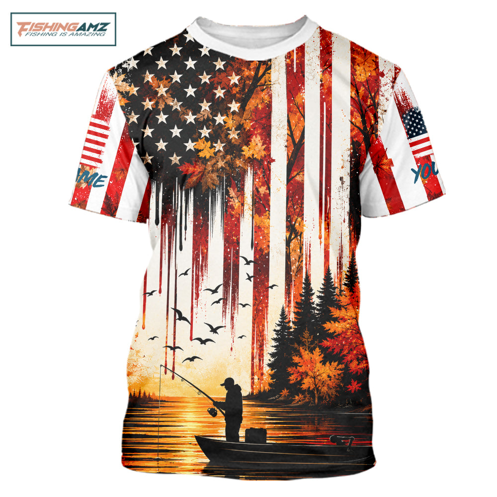 American Flag Autumn Fishing Jersey Short Sleeve Shirt, Patriotic USA Autumn Fishing Shirt NHT1756