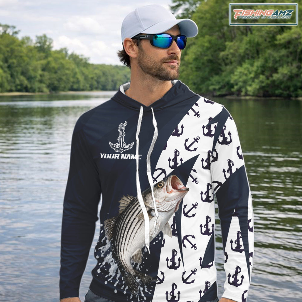 Personalized Striped Bass Fishing Shirts Hooded Long Sleeve With Pattern Anchor, Fishing Shirt Jersey NHT611