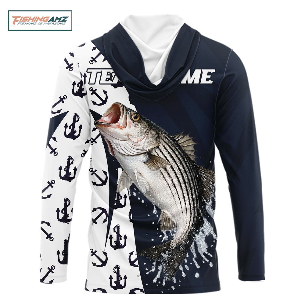 Personalized Striped Bass Fishing Shirts Hooded Long Sleeve With Pattern Anchor, Fishing Shirt Jersey NHT611