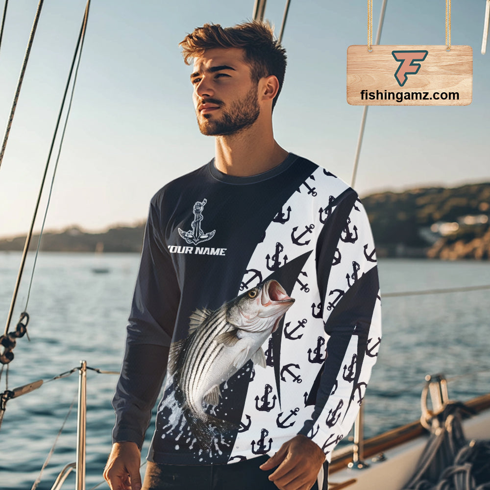 Personalized Striped Bass Fishing Shirts Long Sleeve With Pattern Anchor, Fishing Shirt Jersey NHT611