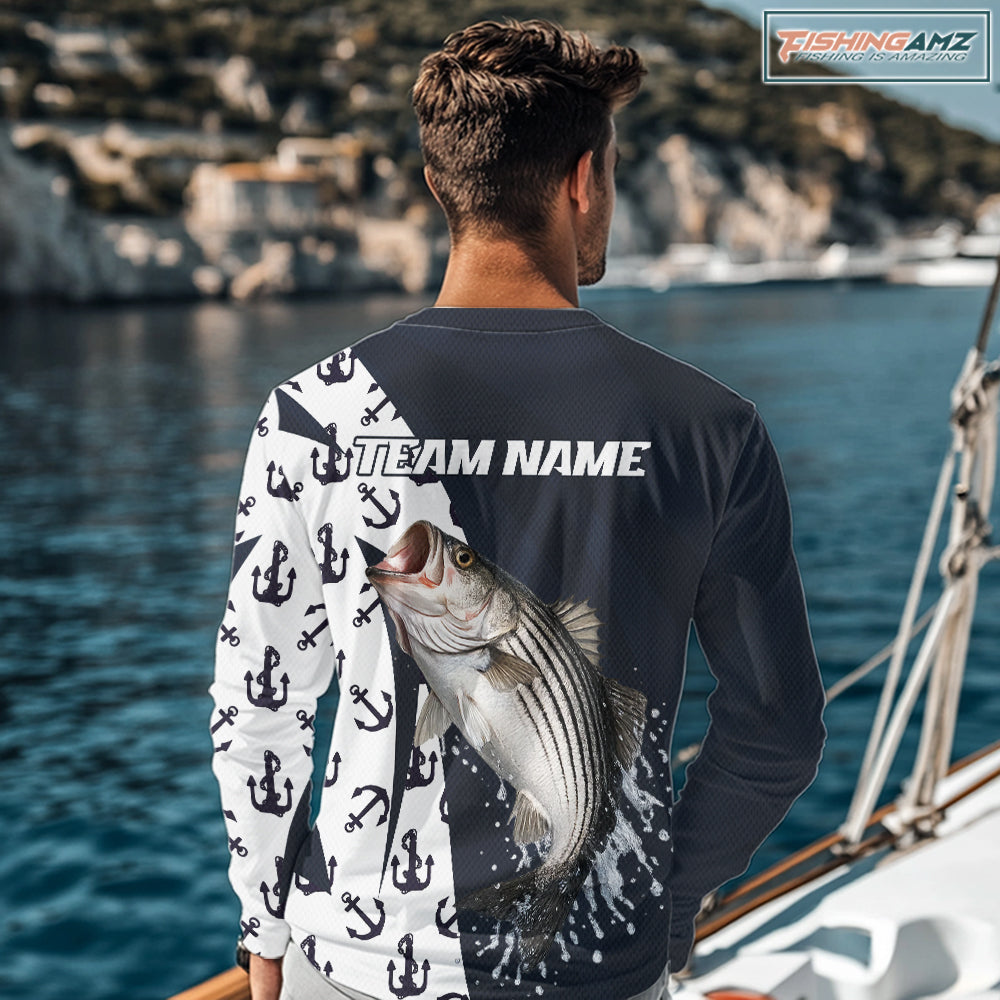 Personalized Striped Bass Fishing Shirts Long Sleeve With Pattern Anchor, Fishing Shirt Jersey NHT611