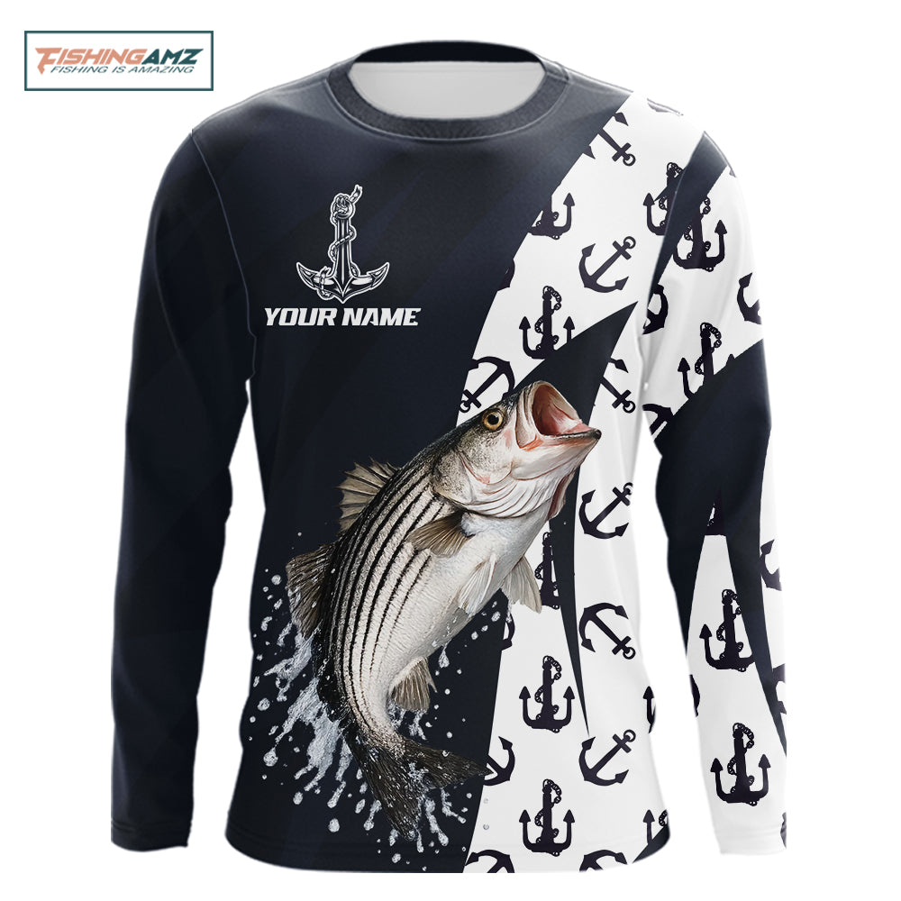 Personalized Striped Bass Fishing Shirts Long Sleeve With Pattern Anchor, Fishing Shirt Jersey NHT611
