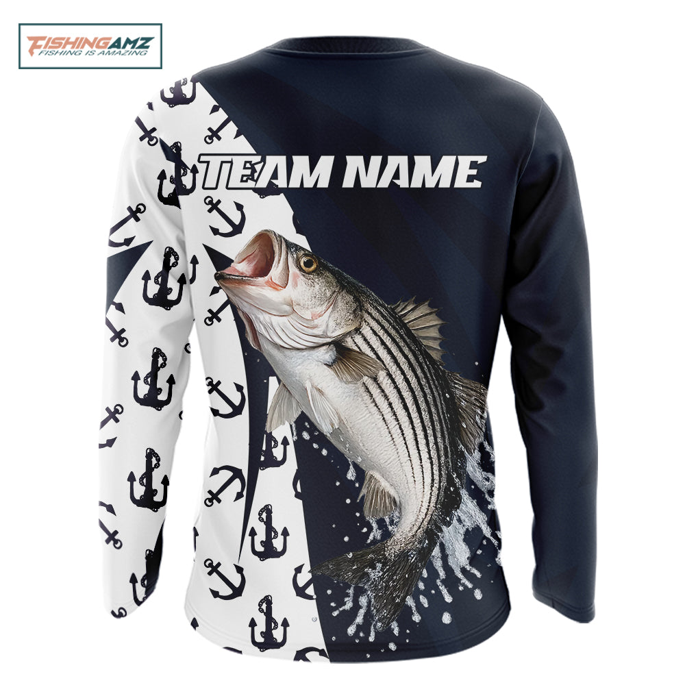 Personalized Striped Bass Fishing Shirts Long Sleeve With Pattern Anchor, Fishing Shirt Jersey NHT611