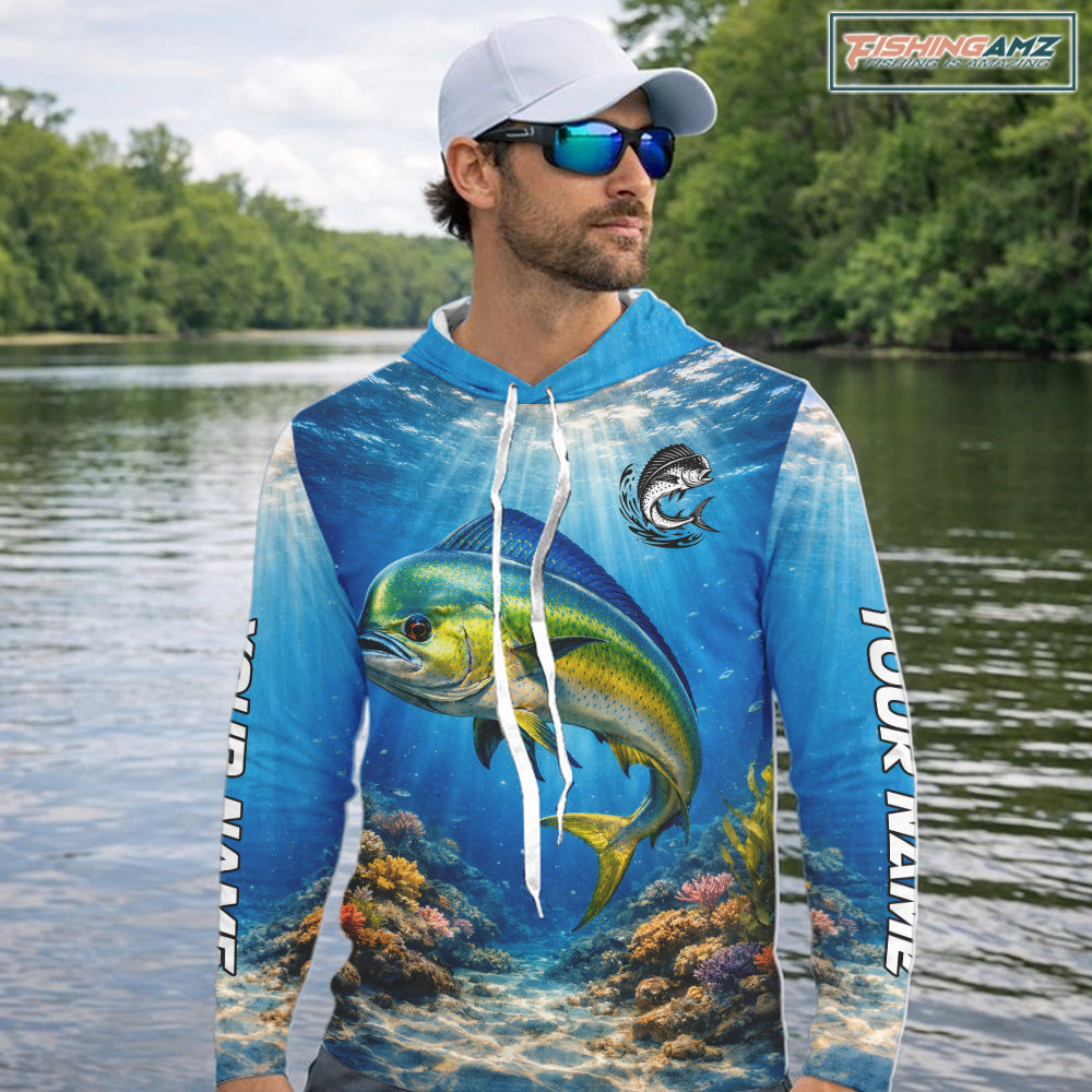 Personalized Offshore Fishing Jerseys, Mahi Mahi Fishing Shirts Long Sleeve Hooded For Men NHT820