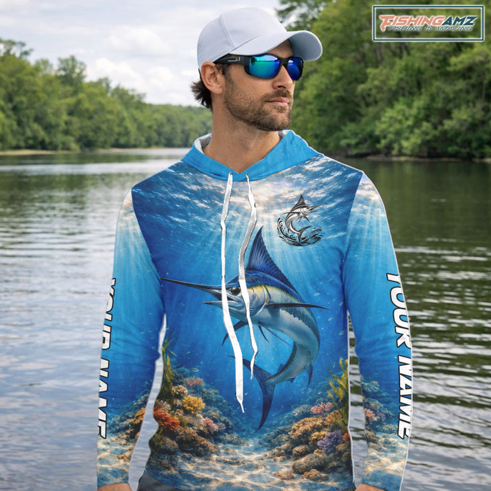 Personalized Offshore Fishing Jerseys, Marlin Fishing Shirts Long Sleeve Hooded For Men NHT822