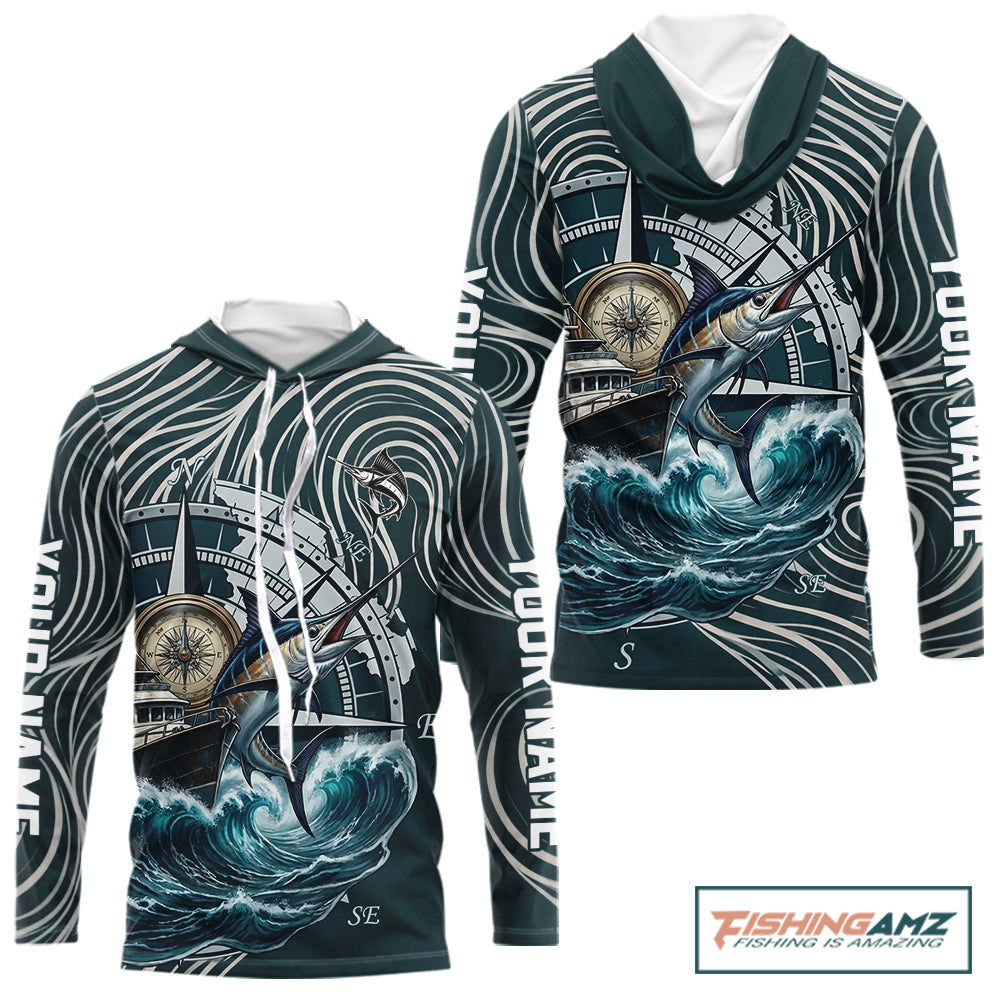 Marlin Hooded Fishing Long Sleeve Shirt Ocean Wave Compass Design, UV Protection Performance Fishing Apparel NHT613