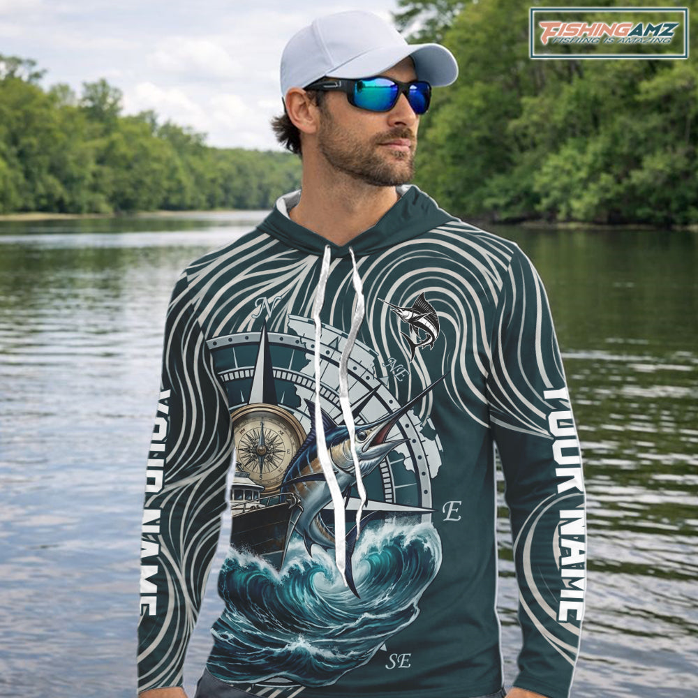 Marlin Hooded Fishing Long Sleeve Shirt Ocean Wave Compass Design, UV Protection Performance Fishing Apparel NHT613