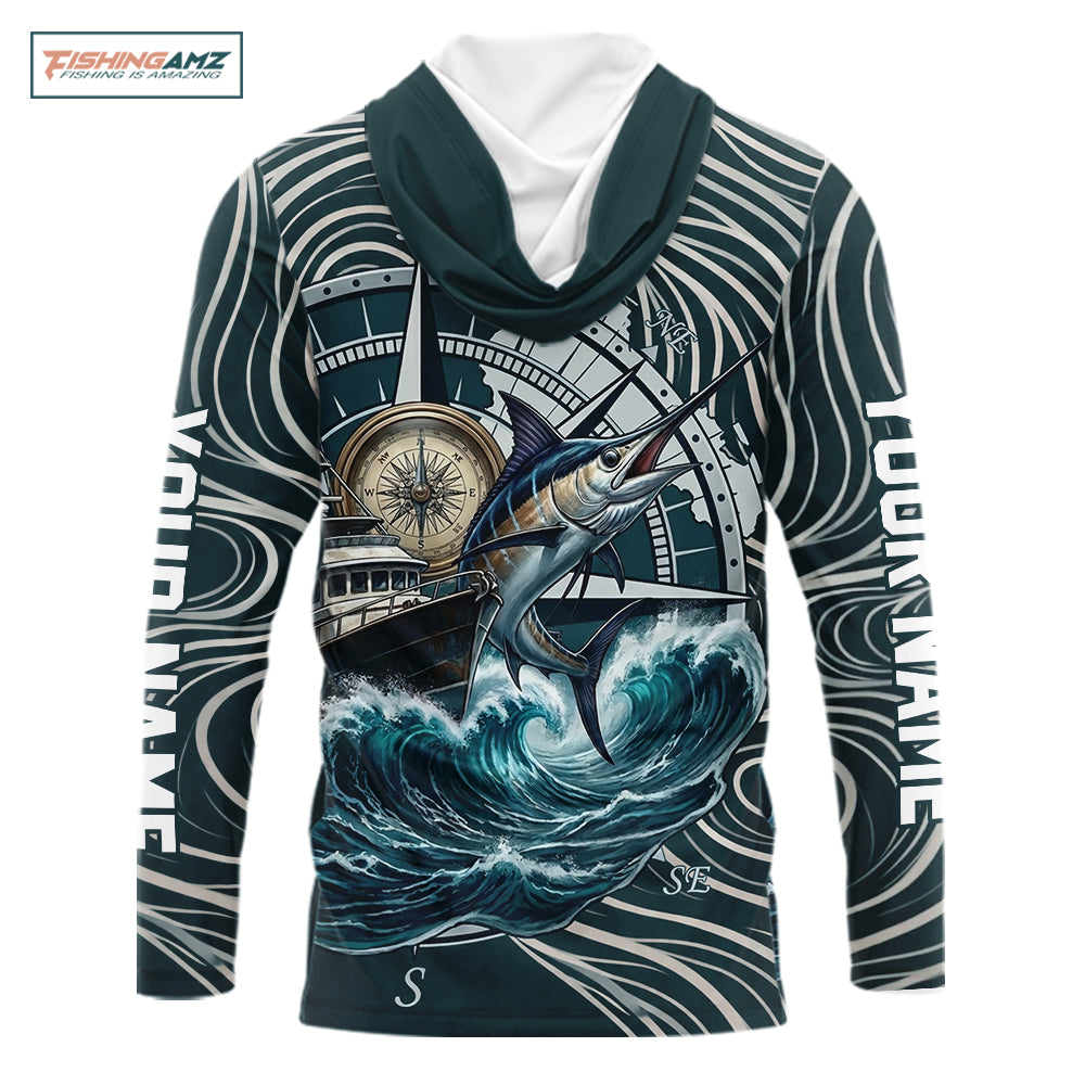 Marlin Hooded Fishing Long Sleeve Shirt Ocean Wave Compass Design, UV Protection Performance Fishing Apparel NHT613