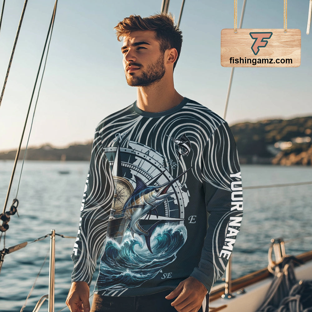 Marlin Fishing Long Sleeve Shirt Ocean Wave Compass Design, UV Protection Performance Fishing Apparel NHT613