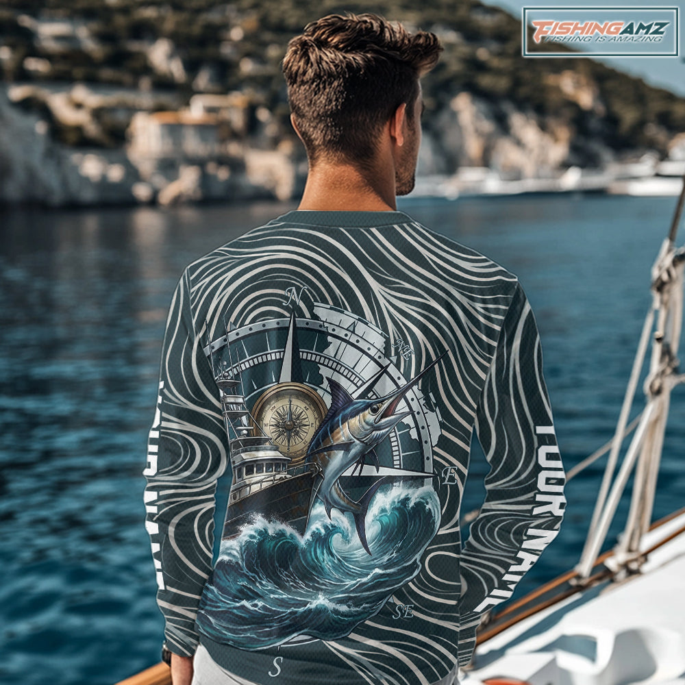 Marlin Fishing Long Sleeve Shirt Ocean Wave Compass Design, UV Protection Performance Fishing Apparel NHT613