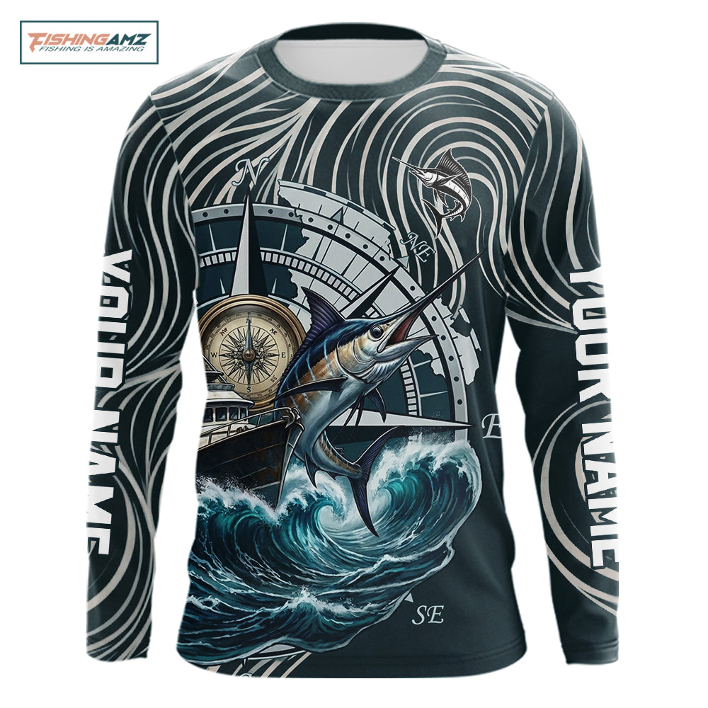 Marlin Fishing Long Sleeve Shirt Ocean Wave Compass Design, UV Protection Performance Fishing Apparel NHT613