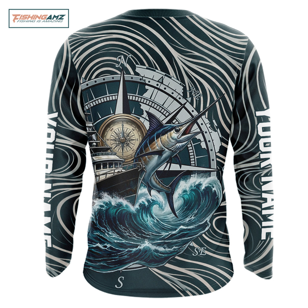 Marlin Fishing Long Sleeve Shirt Ocean Wave Compass Design, UV Protection Performance Fishing Apparel NHT613