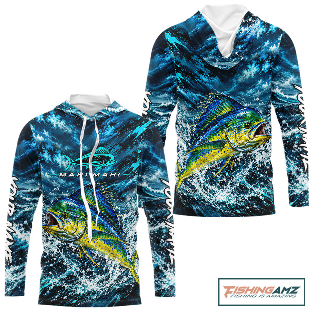 Custom Mahi Mahi Fishing Jersey With Name, Dorado Hooded Long Sleeve Tournament Shirt NHT1595