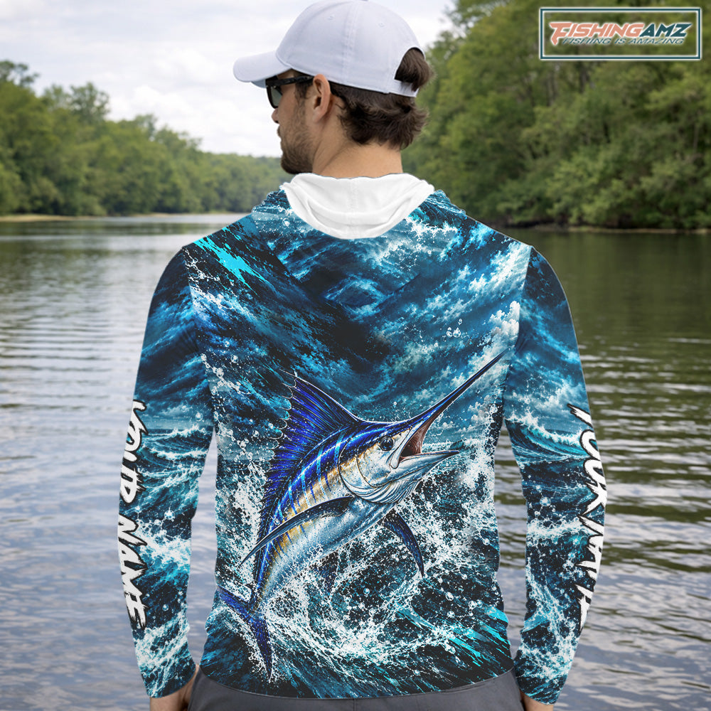 Custom Marlin Fishing Jersey With Name, Marlin Hooded Long Sleeve Tournament Shirt NHT1596