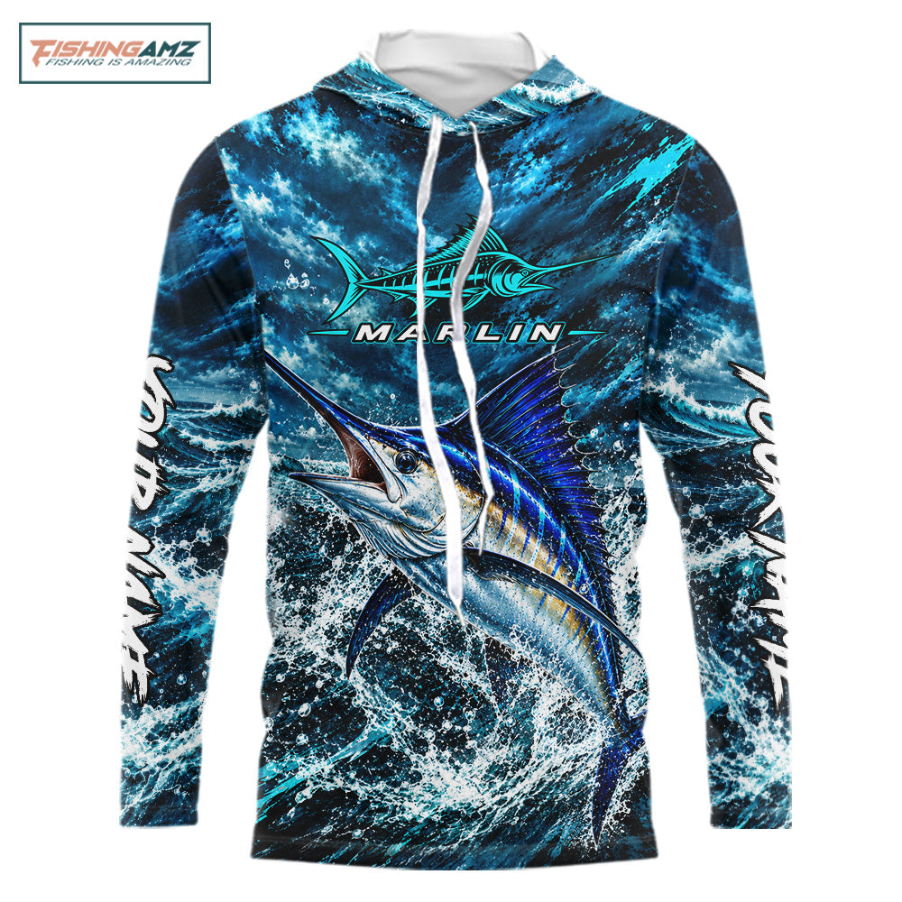 Custom Marlin Fishing Jersey With Name, Marlin Hooded Long Sleeve Tournament Shirt NHT1596