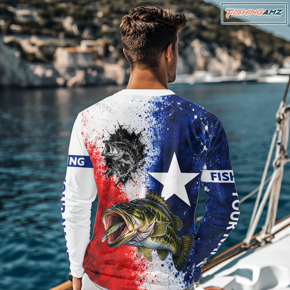 Largemouth Bass Texas Flag Fishing Shirt Custom Red White Blue Splash Fisherman Gift Apparel NHT1789