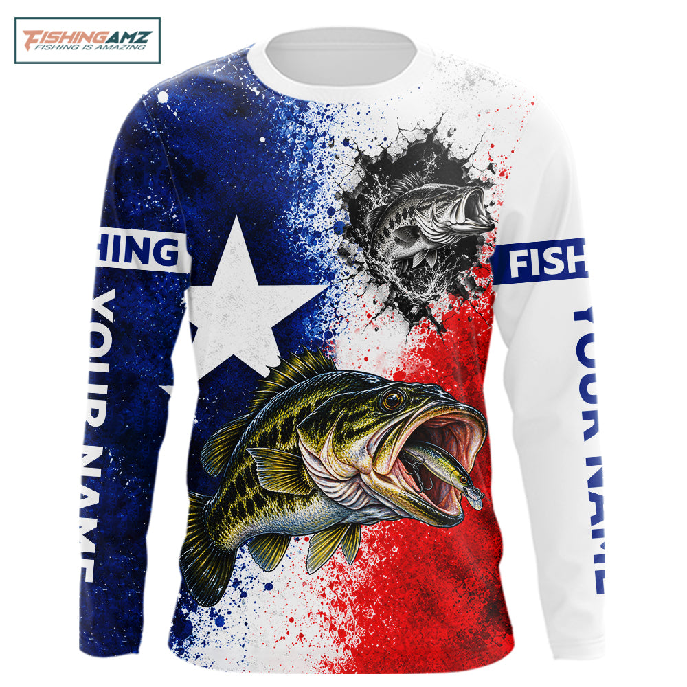 Largemouth Bass Texas Flag Fishing Shirt Custom Red White Blue Splash Fisherman Gift Apparel NHT1789