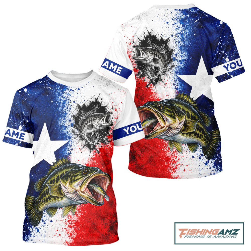 Largemouth Bass Texas Flag Short Sleeve Fishing Shirt Shirt Custom Red White Blue Splash Fisherman Gift Apparel NHT1789