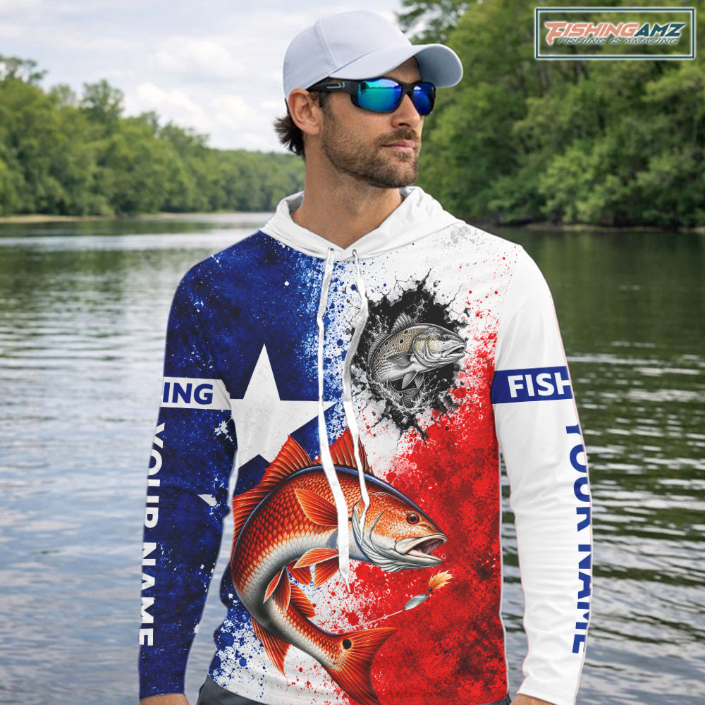 Redfish Texas Flag Hooded Fishing Shirt Shirt Custom Red White Blue Splash Fisherman Gift Apparel NHT1790