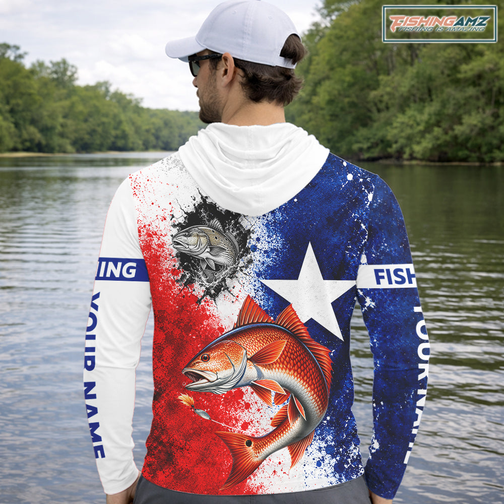 Redfish Texas Flag Hooded Fishing Shirt Shirt Custom Red White Blue Splash Fisherman Gift Apparel NHT1790