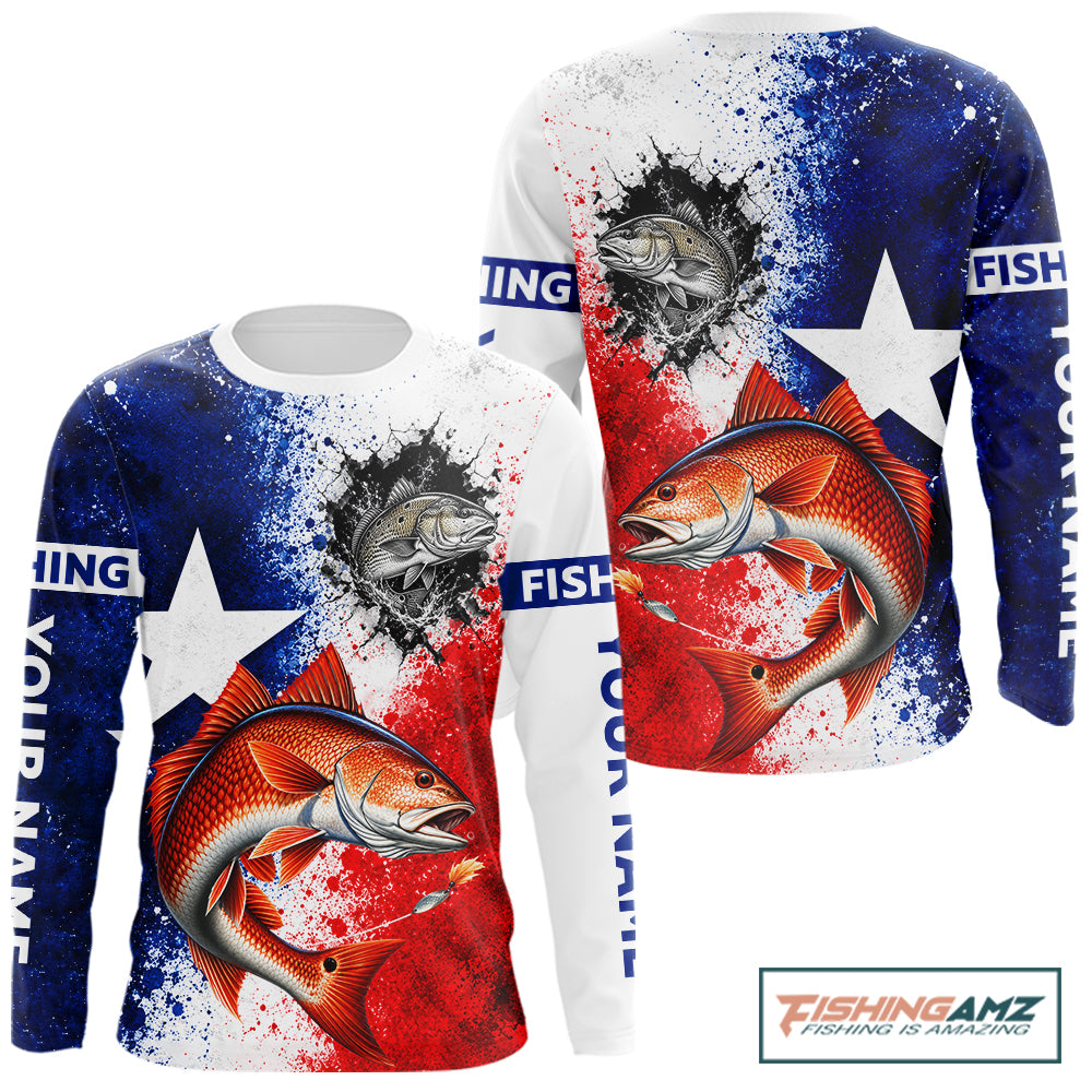 Redfish Texas Flag Fishing Shirt Custom Red White Blue Splash Fisherman Gift Apparel NHT1790