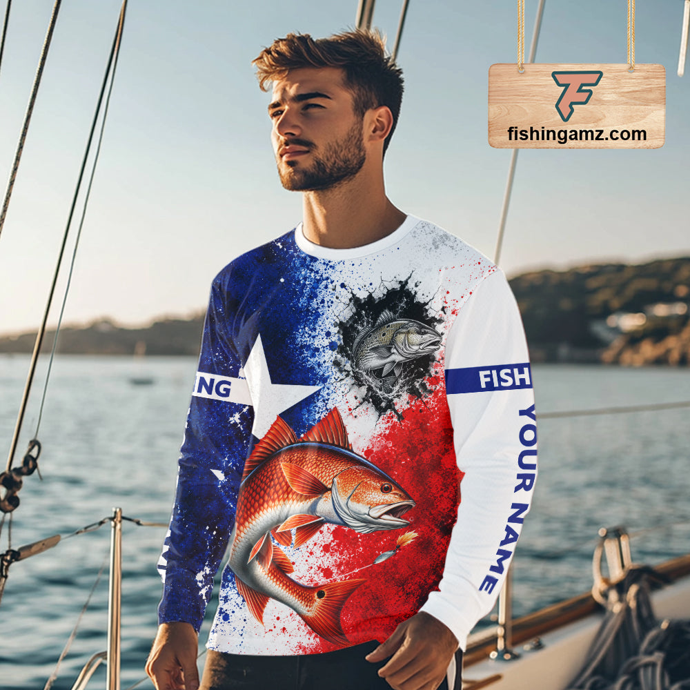Redfish Texas Flag Fishing Shirt Custom Red White Blue Splash Fisherman Gift Apparel NHT1790