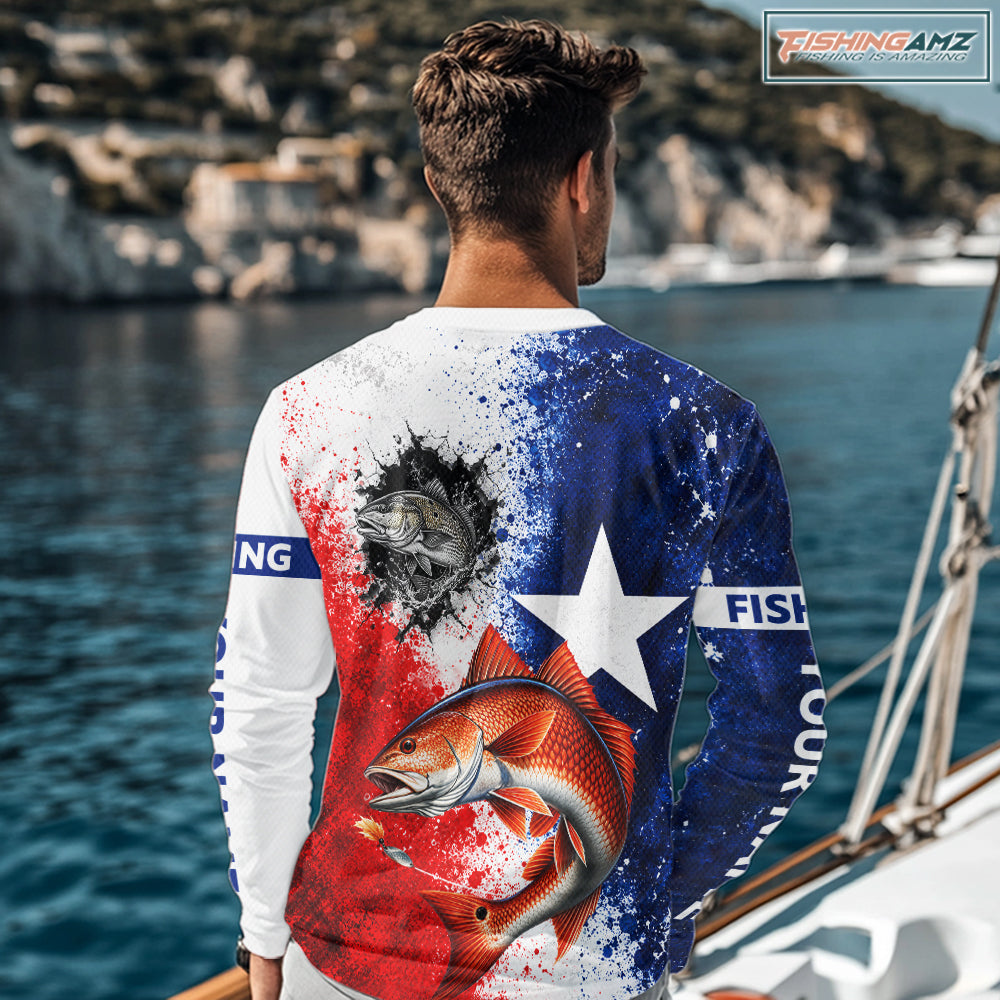 Redfish Texas Flag Fishing Shirt Custom Red White Blue Splash Fisherman Gift Apparel NHT1790