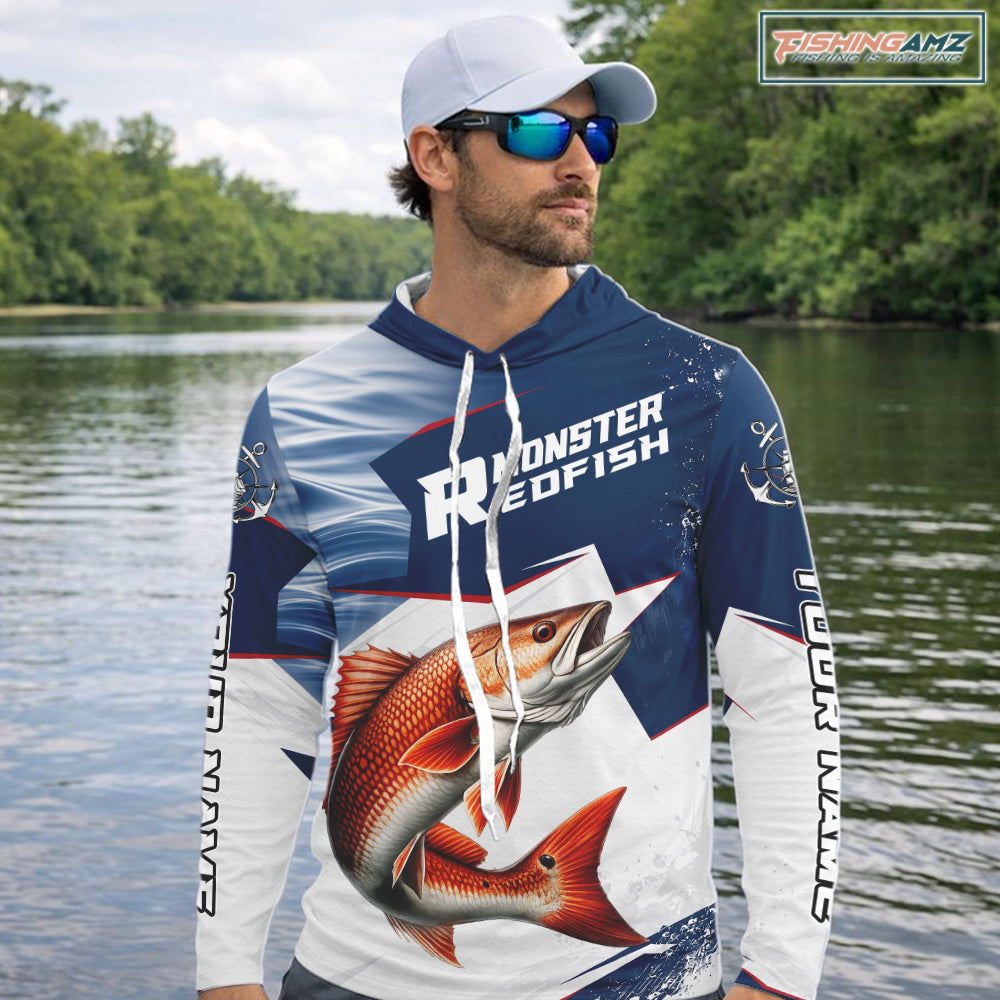 Offshore Sport Fishing Redfish Monster, Long Sleeve Hooded Redfish Fishing Jersey For Men NHT1467