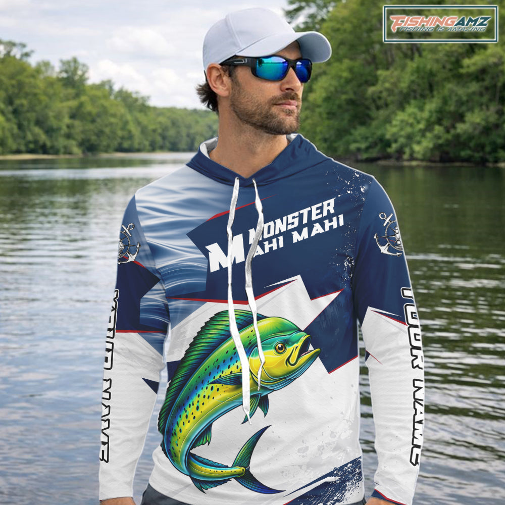 Offshore Sport Fishing Mahi Mahi Monster, Long Sleeve Hooded Mahi Mahi Fishing Jersey For Men NHT1468
