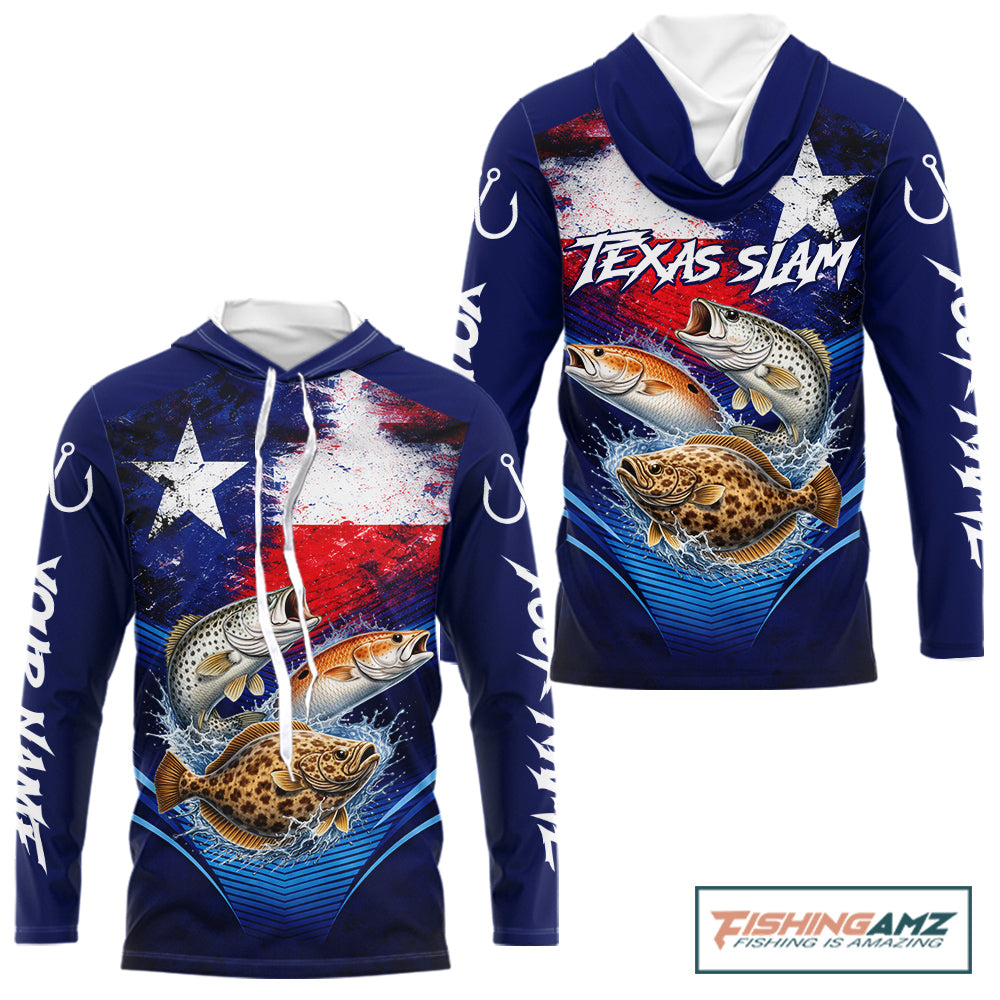 Hooded Texas Slam Redfish, Trout, Flounder Custom Fishing Shirts Long Sleeve, Texas Flag Fishing Shirt NHT505