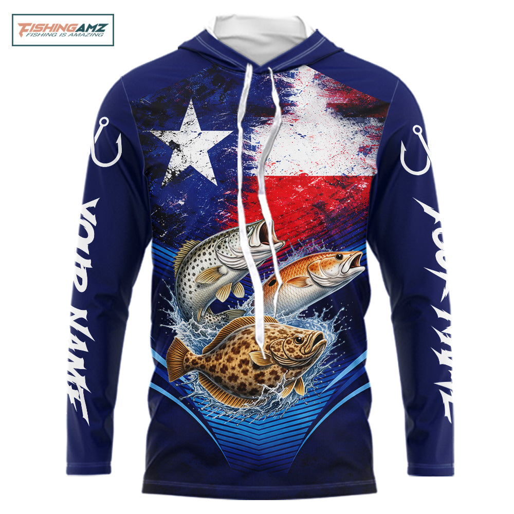 Hooded Texas Slam Redfish, Trout, Flounder Custom Fishing Shirts Long Sleeve, Texas Flag Fishing Shirt NHT505