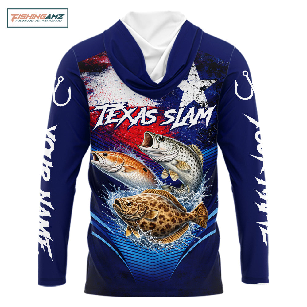 Hooded Texas Slam Redfish, Trout, Flounder Custom Fishing Shirts Long Sleeve, Texas Flag Fishing Shirt NHT505