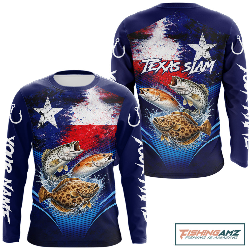 Texas Slam Redfish, Trout, Flounder Custom Fishing Shirts Long Sleeve, Texas Flag Fishing Shirt NHT505