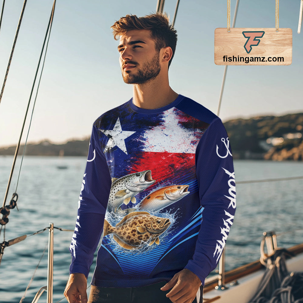 Texas Slam Redfish, Trout, Flounder Custom Fishing Shirts Long Sleeve, Texas Flag Fishing Shirt NHT505