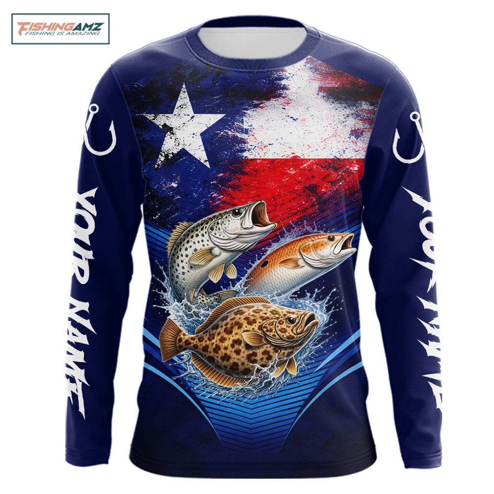 Texas Slam Redfish, Trout, Flounder Custom Fishing Shirts Long Sleeve, Texas Flag Fishing Shirt NHT505