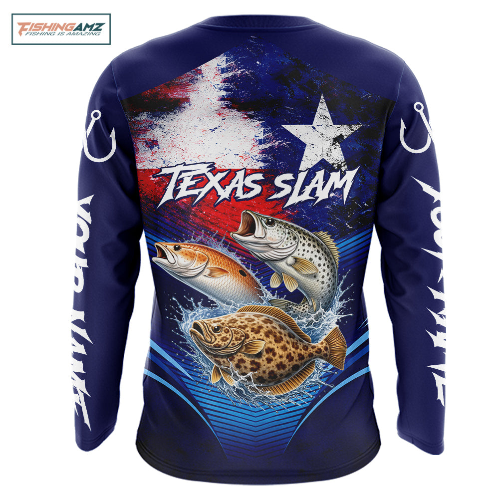 Texas Slam Redfish, Trout, Flounder Custom Fishing Shirts Long Sleeve, Texas Flag Fishing Shirt NHT505