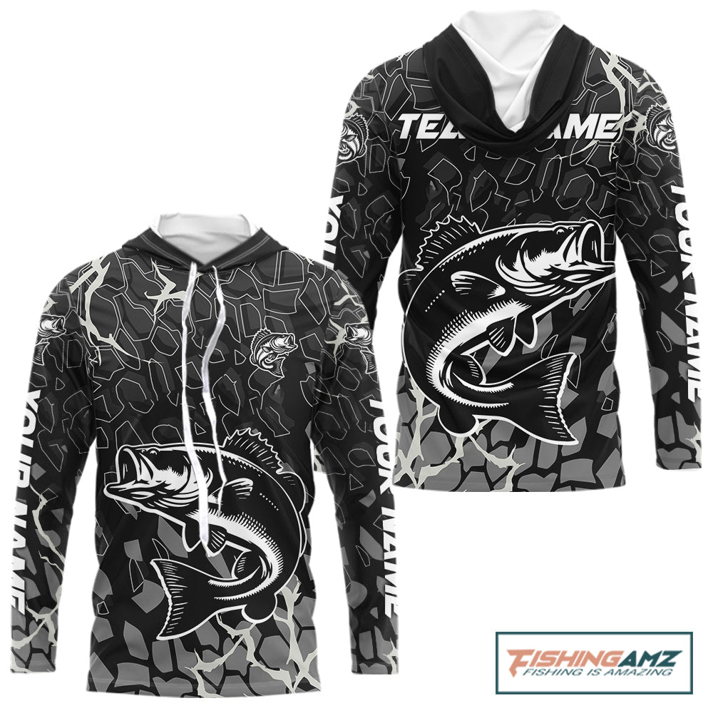 Custom Bass Fishing Black Camo Hooded Long Sleeve Fishing Shirts, Personalized Bass Fishing  Jerseys NHT507