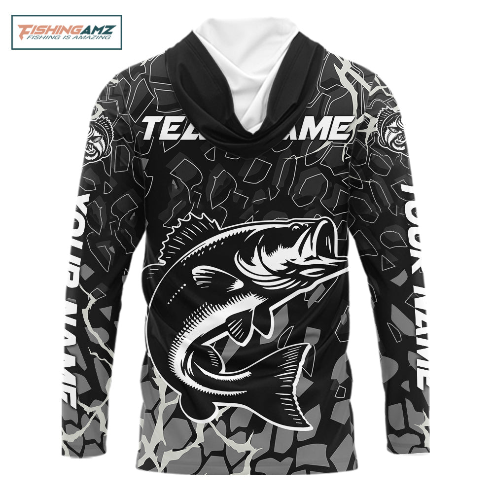 Custom Bass Fishing Black Camo Hooded Long Sleeve Fishing Shirts, Personalized Bass Fishing  Jerseys NHT507
