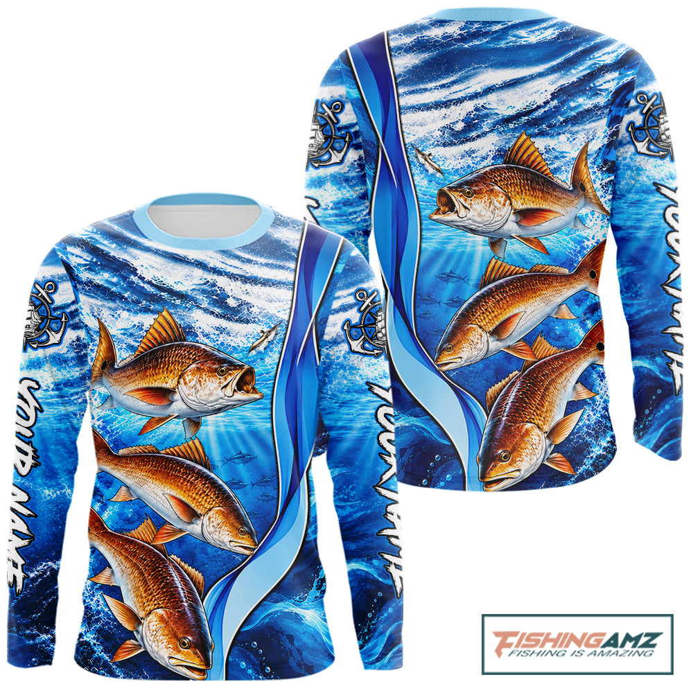 Personalized Redfish Fishing Shirt Long Sleeve Ocean Anchor Performance Angler Apparel NHT1822